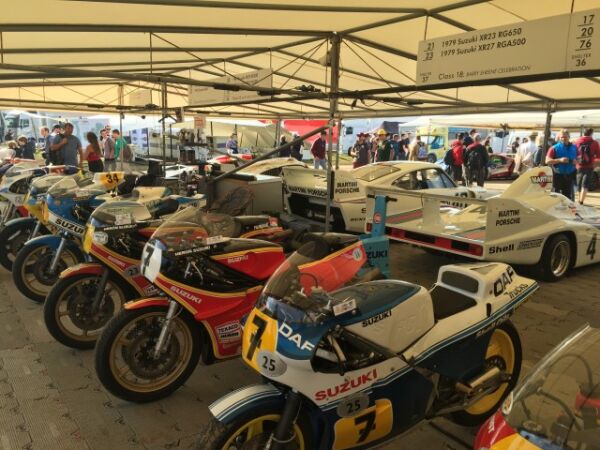 2016 Goodwood Festival Of Speed Tribute to Barry Sheene 40 Years since he won his World Championship, Freddie Sheene Steve Griffith, John Moulds all riding Steve Wheatmans fantastic Machines