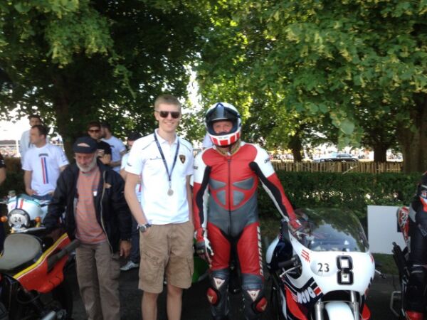 Goodwood festival of Speed 2014 Steve Griffith with son Jordan griffith on The Suzuki XR23 680 Pat Hennen Barry Sheene 680cc RG 500