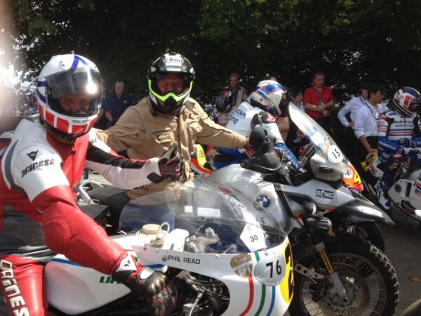 Glorious Goodwood festival of Speed Charley Boorman BMW and Steve Griffith Suzuki Heading for the Hill with freddie Spencer and Wayne Gardner